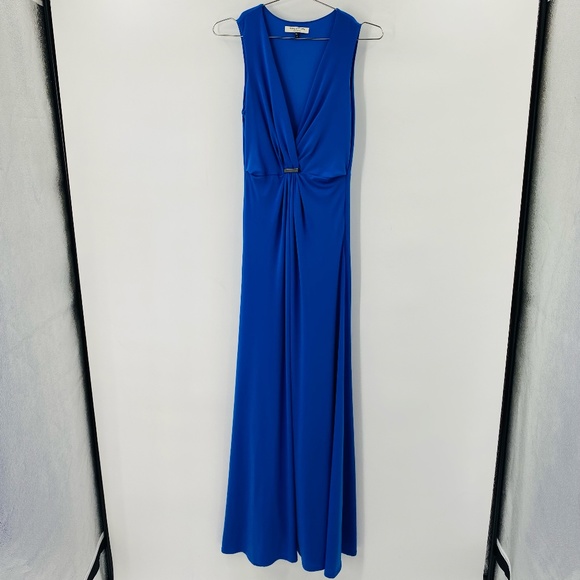Halston Heritage Sleeveless Gathered V Neck Jersey Maxi Dress Blue Size XS - Picture 1 of 6